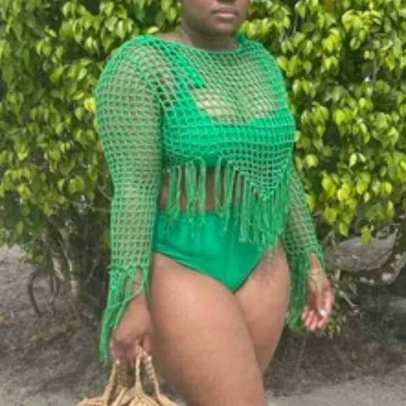 Crochet knit fringe trimmed top Swim coverupGreen - Picture 8 of 9